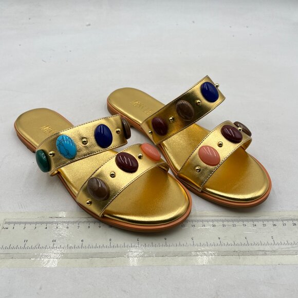 miss left Gold Jewelled Two Straps Open Toe Soft Insole Slip on Slide Sandals - Picture 4 of 8